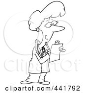 Royalty Free RF Clip Art Illustration Of A Cartoon Black And White Outline Design Of A Female Doctor Taking Notes