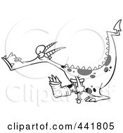 Royalty Free RF Clip Art Illustration Of A Cartoon Black And White Outline Design Of A Dragon Using A Crutch For A Lame Leg