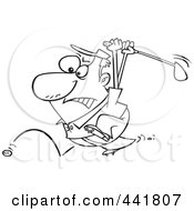 Royalty Free RF Clip Art Illustration Of A Cartoon Black And White Outline Design Of A Golfer Swinging At His Last Ball