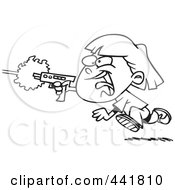 Cartoon Black And White Outline Design Of A Girl Shooting A Gun And Playing Laser Tag