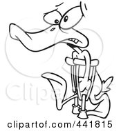 Royalty Free RF Clip Art Illustration Of A Cartoon Black And White Outline Design Of An Injured Duck Using Crutches For His Lame Leg by toonaday