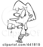 Royalty Free RF Clip Art Illustration Of A Cartoon Black And White Outline Design Of A Businesswoman Pouring The Last Drop Of Coffee