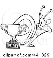Royalty Free RF Clip Art Illustration Of A Cartoon Black And White Outline Design Of A Snail By A Last Place Trophy Cup by toonaday