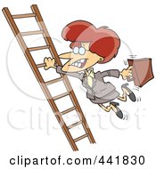 Poster, Art Print Of Cartoon Businesswoman Holding Onto A Ladder With One Hand