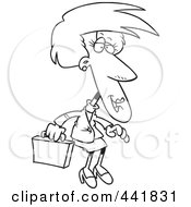 Poster, Art Print Of Cartoon Black And White Outline Design Of A Female Executive With A Briefcase