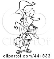 Royalty Free RF Clip Art Illustration Of A Cartoon Black And White Outline Design Of A Female Photographer Taking Pictures by toonaday