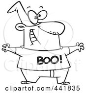 Royalty Free RF Clip Art Illustration Of A Cartoon Black And White Outline Design Of A Lame Man Wearing A Boo Shirt by toonaday