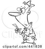 Royalty Free RF Clip Art Illustration Of A Cartoon Black And White Outline Design Of A Broke Man Holding His Last Dollar
