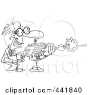 Poster, Art Print Of Cartoon Black And White Outline Design Of A Scientist Using A Laser Gun
