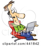 Royalty Free RF Clip Art Illustration Of A Cartoon Businessman Wearing A Headset And Using A Laptop