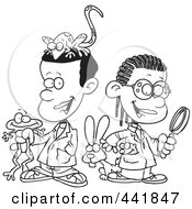 Royalty Free RF Clip Art Illustration Of A Cartoon Black And White Outline Design Of Black School Kids In A Science Lab With Animals