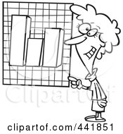 Poster, Art Print Of Cartoon Black And White Outline Design Of A Businesswoman Presenting A Bar Graph