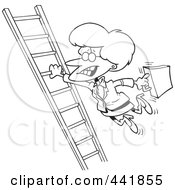 Poster, Art Print Of Cartoon Black And White Outline Design Of A Businesswoman Holding Onto A Ladder With One Hand