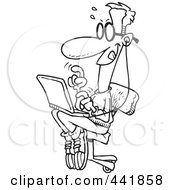 Royalty Free RF Clip Art Illustration Of A Cartoon Black And White Outline Design Of A College Boy Using A Laptop