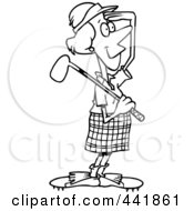 Poster, Art Print Of Cartoon Black And White Outline Design Of A Female Golfer Viewing