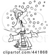 Poster, Art Print Of Cartoon Black And White Outline Design Of A Happy Woman In The Snow