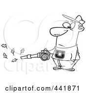 Poster, Art Print Of Cartoon Black And White Outline Design Of A Man Using A Leaf Blower