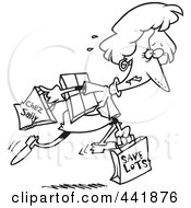 Poster, Art Print Of Cartoon Black And White Outline Design Of A Late Woman Carrying Shopping Bags
