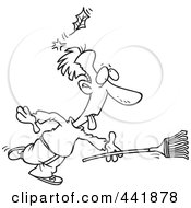 Royalty Free RF Clip Art Illustration Of A Cartoon Black And White Outline Design Of A Raking Man Being Knocked Out By A Falling Leaf