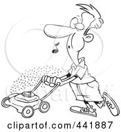 Poster, Art Print Of Cartoon Black And White Outline Design Of A Man Whistling And Mowing His Lawn
