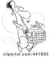 Poster, Art Print Of Cartoon Black And White Outline Design Of A Black Man Carrying A Laundry Basket