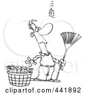 Royalty Free RF Clip Art Illustration Of A Cartoon Black And White Outline Design Of A Man Raking Leaves Watching Yet Another Fall by toonaday