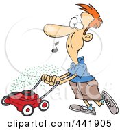 Cartoon Man Whistling And Mowing His Lawn