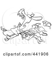 Poster, Art Print Of Cartoon Black And White Outline Design Of A Man Tripping And Dumping Folded Laundry