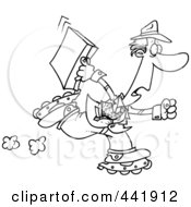 Poster, Art Print Of Cartoon Black And White Outline Design Of A Late Businessman Roller Blading To Work