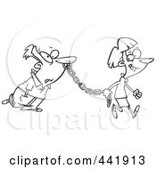 Royalty Free RF Clip Art Illustration Of A Cartoon Black And White Outline Design Of A Female Boss Leading Her Employee