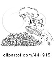 Royalty Free RF Clip Art Illustration Of A Cartoon Black And White Outline Design Of A Little Boy Jumping In Leaves
