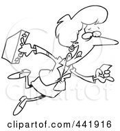 Poster, Art Print Of Cartoon Black And White Outline Design Of A Businesswoman Running With A Lead