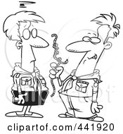 Royalty Free RF Clip Art Illustration Of A Cartoon Black And White Outline Design Of Scout Leaders Trying To Figure Out Knots