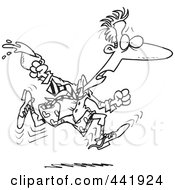 Royalty Free RF Clip Art Illustration Of A Cartoon Black And White Outline Design Of A Late Businessman Spilling Coffee And Running In His Boxers