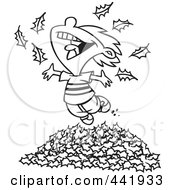 Royalty Free RF Clip Art Illustration Of A Cartoon Black And White Outline Design Of A Little Boy Playing In Leaves