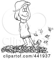 Poster, Art Print Of Cartoon Black And White Outline Design Of A Woman Walking In Leaves