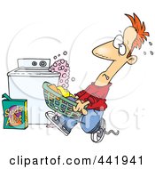 Poster, Art Print Of Cartoon Man Carrying A Basket Of Laundry By An Overflowing Washing Machine
