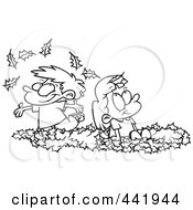 Poster, Art Print Of Cartoon Black And White Outline Design Of Kids Playing In Leaves