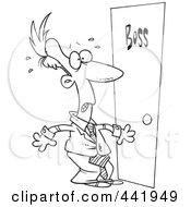 Poster, Art Print Of Cartoon Black And White Outline Design Of A Leary Businessman By A Door