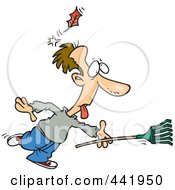 Poster, Art Print Of Cartoon Raking Man Being Knocked Out By A Falling Leaf