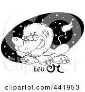 Poster, Art Print Of Cartoon Black And White Outline Design Of An Astrology Leo Lion Over A Black Starry Oval