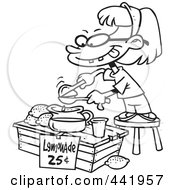 Royalty Free RF Clip Art Illustration Of A Cartoon Black And White Outline Design Of A Little Girl Making Lemonade by toonaday