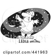 Poster, Art Print Of Cartoon Black And White Outline Design Of An Astrology Libra Man Over A Black Starry Oval