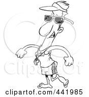 Poster, Art Print Of Cartoon Black And White Outline Design Of A Lifeguard Walking