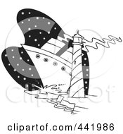 Poster, Art Print Of Cartoon Black And White Outline Design Of A Big Ship Near A Light House