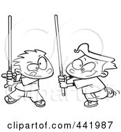 Poster, Art Print Of Cartoon Black And White Outline Design Of Boys Playing With Light Sabres