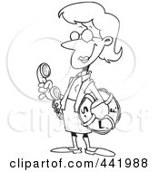 Cartoon Black And White Outline Design Of A Female Librarian Holding A Life Buoy