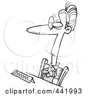 Cartoon Black And White Outline Design Of A Female Librarian Sitting At A Desk