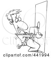 Poster, Art Print Of Cartoon Black And White Outline Design Of A Locked Out Businessman Trying To Open A Door
