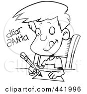 Poster, Art Print Of Cartoon Black And White Outline Design Of A Boy Writing A Dear Santa Letter